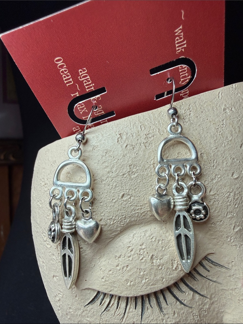 Silver Dangle Charm Earrings with Hearts and Petal Drops